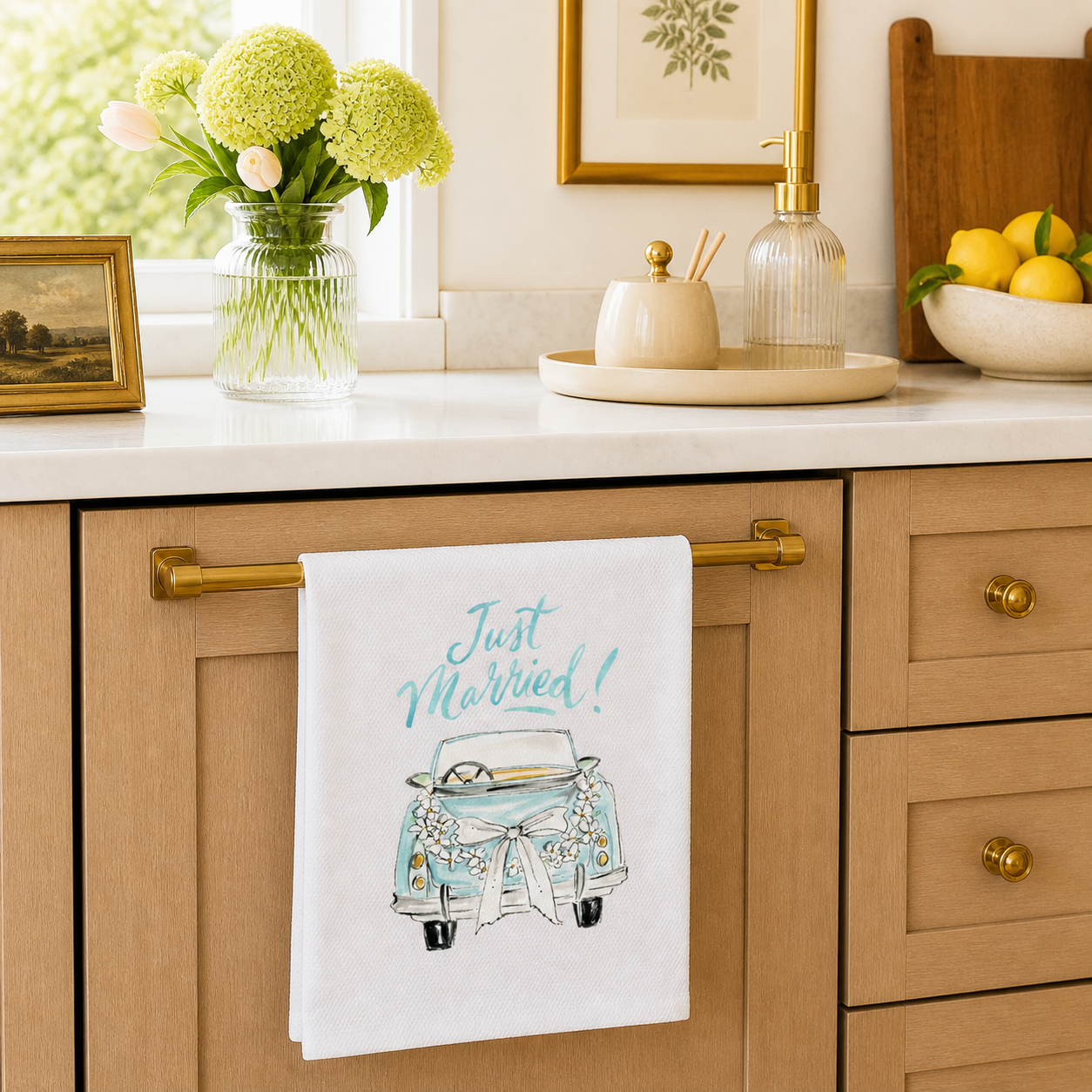 Just Married! Car with Bow and Flowers Kitchen Towel