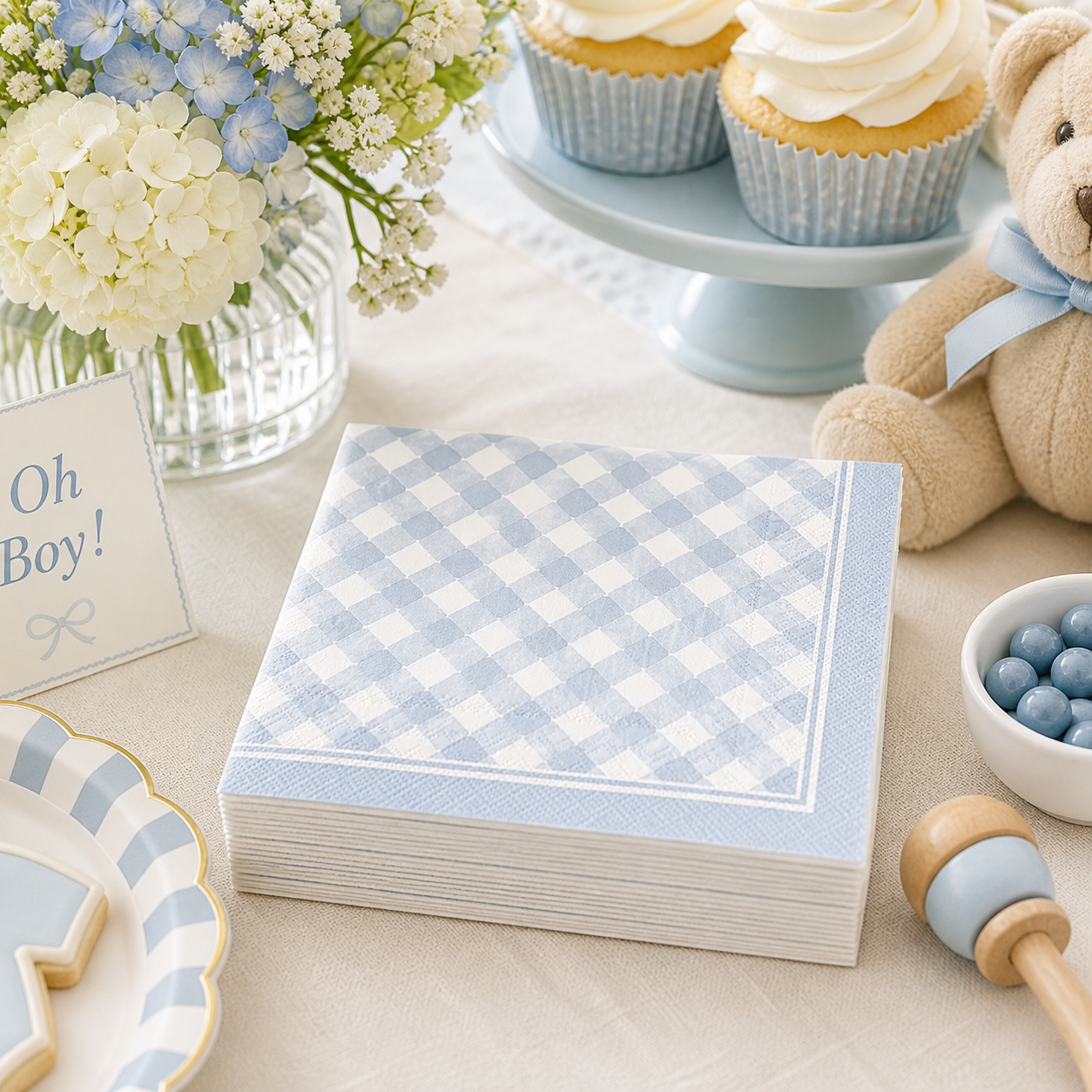 Light Blue Gingham Cocktail Napkins