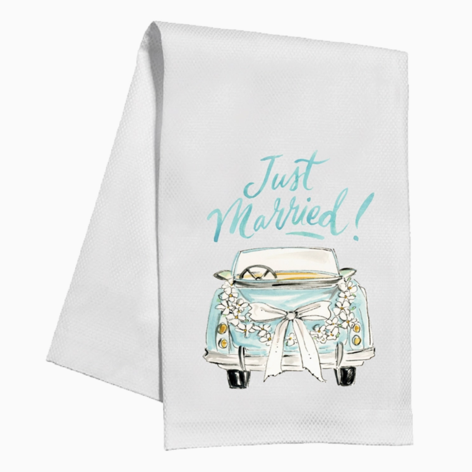 Just Married! Car with Bow and Flowers Kitchen Towel